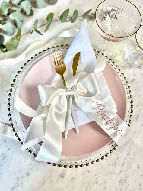 Wedding Silverware, Wedding Table Place Settings, Table Decor Wedding, Table Place Settings, Embroidered Ribbon, Personalized Ribbon, Etsy Wedding Favors, Wedding Place Settings, Satin Ribbon Bow