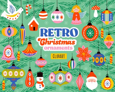 Retro Christmas Ornaments, Christmas Ornaments Svg, Tree Decorations Christmas, Christmas Graphic Design, Winter Clipart, Holiday Clipart, Christmas Inspo, Vintage Tree, Clip Art Vintage