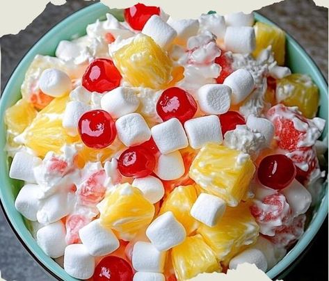 Junk Yard Salad Surprise: The Ultimate Sweet Treat You Can't Miss! - NewsBreak Yogurt Fruit Dip, Fruit Salad With Marshmallows, Cream Cheese Fruit Dip, Ambrosia Fruit Salad, Creamy Fruit Salads, Junk Yard, Peach Salad, Ambrosia Salad, Peach Cobbler Recipe