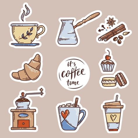 Coffee Sticker Design, Drinks Packaging Design, Coffee Vector, Drawing Ideas List, Drink Stickers, Cute Laptop Stickers, Coffee Illustration, Coffee Cup Design, Coffee Theme