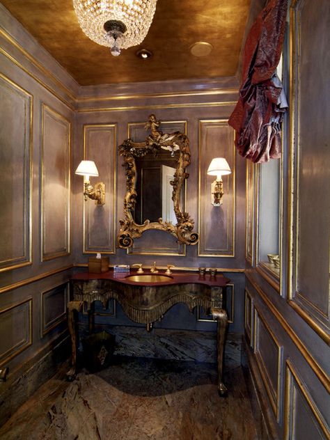 gold ceiling...gold leaf...gold mirror...gold sconce...gold sink...Blue with gold” Rococo Room, Classic Bathrooms, Rococo Mirror, Traditional Powder Room, Powder Room Design Ideas, Rococo Interior, Drawing Room Decor, Gold Leafing, Gold Ceiling