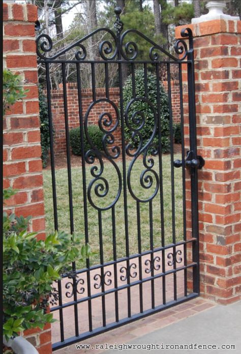 iron gate with brick pillars Wrought Iron Gate Designs, Tor Design, Wrought Iron Garden Gates, Iron Garden Gates, Wrought Iron Design, Wrought Iron Decor, Wrought Iron Gate, Iron Gate Design, Metal Gates