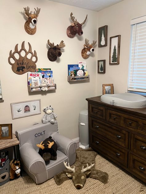 Little Hunter Nursery, Camo Nursery Ideas, Nursery Hunting Theme, Hunter Nursery, Walnut Nursery Furniture, Farmhouse Nursery Boy, Animal-themed Nursery Ideas, Nursery Ideas Country, Boy Nursery Hunting Theme