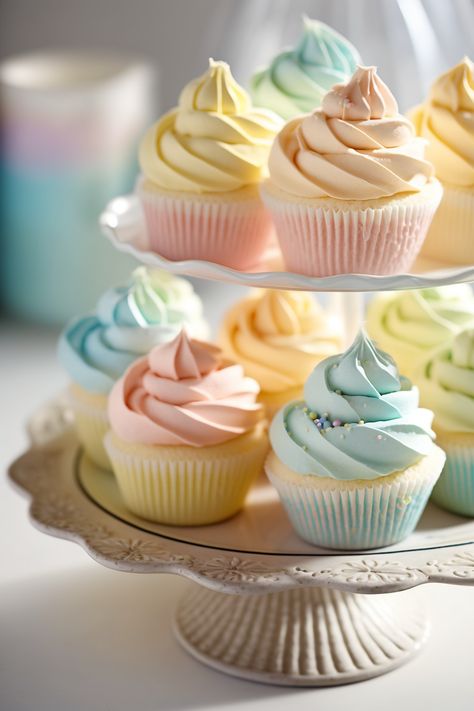 Pastel Rainbow Cupcakes, Pastel Birthday Decor, Pastel Desserts, Pastel Baby Shower, Pastel Cupcakes, Pastel Birthday, Cupcake Cake Designs, Shower Desserts, Pastel Party