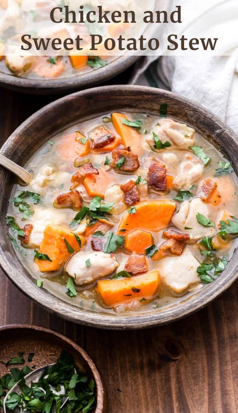 Chicken and Sweet Potato Stew is a cozy dinner to cozy up with after a long day. Simple, wholesome ingredients create a delicious stew that will make you forget all about those flavorless versions you've had in the past! #stew #chickenstew #chickenrecipe #glutenfree #dinner Chicken And Sweet Potato Stew, Sweet Potato Carrot Soup, Sweet Potato Stew, Chicken And Sweet Potato, Potato Stew, Cozy Dinner, Stewed Potatoes, Chicken Sweet Potato, Chicken Stew