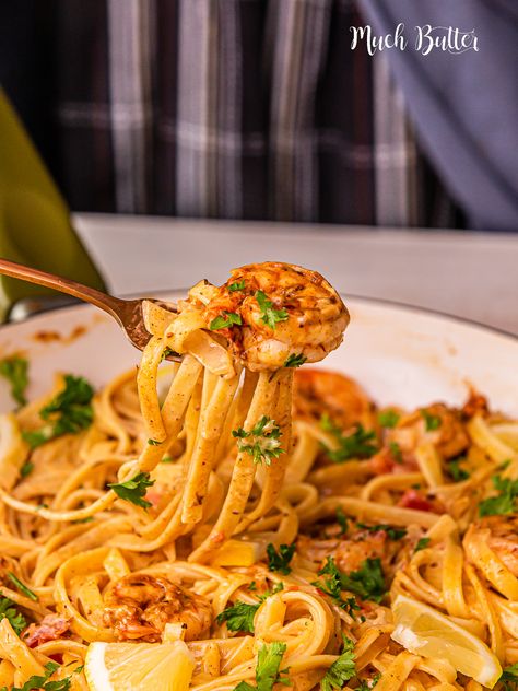 Cajun Shrimp Fettuccine Pasta - Much Butter Cajun Shrimp Fettuccine, Cajun Seafood Pasta, Shrimp Fettuccine Recipes, Cajun Chicken Fettuccine, Chicken Fettucine, Crawfish Pasta, Shrimp Fettuccine Alfredo, Fettuccine Recipes, Creamy Pesto Pasta