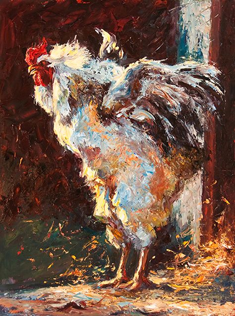 Something To Crow About by Cheri Christensen Oil ~ 24 x 18 Cheri Christensen, Pig Oil, Chicken Painting, Rooster Art, Cattle Ranching, Mt Rainier, Chicken Art, Paintings & Prints, Paintings For Sale