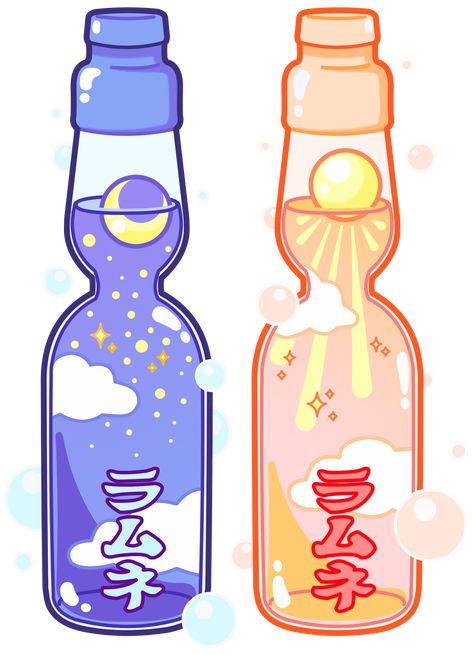 Ramune Drawing, Anime Purple Hair, Bottle Drawing, Cute Food Art, Pretty Drinks, Cute Doodles Drawings, Cute Kawaii Drawings, Kawaii Stickers, Magic Art