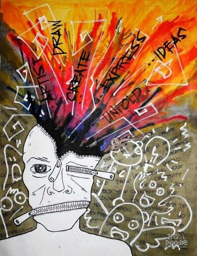 Exploding Head Art, Head Explosion Art, Zipper Mouth Drawing, Good Vs Evil Drawings, Head Explosion, Explosion Drawing, Senior Jeans, Ib Art, Health Art