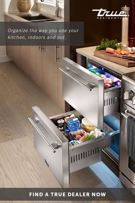 With over 5.4 cubic feet of storage space, refrigerator drawers are the ideal addition to your indoor or outdoor space.  #kitchen #kitchenremodel #remodel #kitchendesign #kitchendecor #kitchenideas Cabinet Refrigerator, Kitchen Benchtops, Under Counter Fridge, Small Kitchen Cabinets, Outdoor Kitchen Appliances, Refrigerator Drawers, French Country Kitchens, Apartment Kitchen, Outdoor Kitchen Design