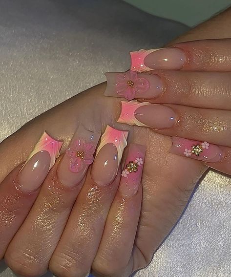 Vacation Nails Square, 3d Floral Nails, Acrylics Nails, Classy Acrylic, Tapered Square Nails, Simple Acrylic, Tapered Square, Floral Nail Designs, Floral Nail