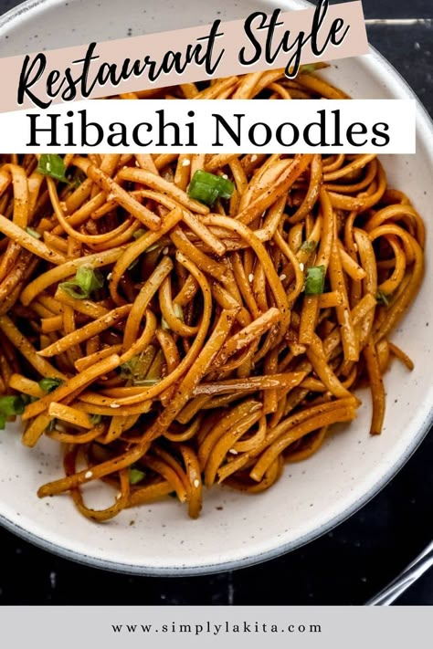 Hibachi Noodles is a restaurant favorite made with buttery noodles, garlic, soy sauce, oyster sauce, and Worcestershire sauce. The perfect balance of Asian flavors in once delicious side dish. Pair it with your favorite hibachi protein and vegetables for a filling dinner. simplylakita.com #hibachinoodles Hibachi Noodle Recipe, Garlic Noodles Recipe Asian Oyster Sauce, Hibachi Noodles With Chicken, Japanese Fried Noodles Recipe, Hibachi Recipes Noodles, Easy Hibachi Noodles, Blackstone Hacks, Diy Hibachi, Hibachi Noodles Recipe