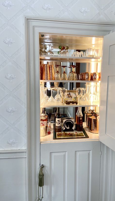 Mirror Backed Cabinet, Open Shelf Liquor Cabinet, Mirror Backed Shelving, Alcohol Display Home Liquor Cabinet, Locked Alcohol Cabinet, Lockable Liquor Cabinet, Liquor Cabinet Aesthetic, Liquor Bookshelf, Closet Into Bar