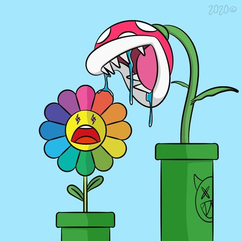 Murakami Painting Canvas, Hypebeast Painting Ideas, Mario Piranha Plant, Kaws Iphone Wallpaper, Piranha Plant, Murakami Flower, Kaws Wallpaper, Cute Canvas Paintings, Canvas Drawings