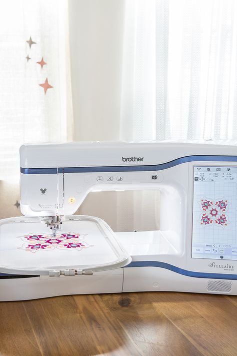 Experience the freedom & comfort of embroidery with the large 9.5" x 14" embroidery area on our Stellaire Innov-Is XE1! When connected to wireless network, send files back & forth from your machine & select ScanNCut DX machines with the My Connection feature. Let your imagination and creativity run wild with the extensive library of 727 built-in embroidery designs, or find inspiration on the machine compatible Brother exclusive app, Artspira. Tap through to learn more. Background Line Art, Fashion Scrapbook, Wireless Network, Wireless Networking, Sewing Machines, Art And Illustration, Bag Set, The Machine, My Design