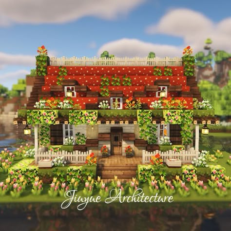 House Builds Minecraft, Fairy Strawberry, Build Aesthetic, Houses In Minecraft, Minecraft Castle Blueprints, House Ideas Minecraft, Description Ideas, Strawberry House, Modern House Minecraft