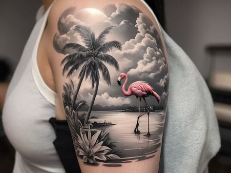 Beach Tattoos For Women Sleeve, Jamaican Tattoos For Women, Florida Inspired Tattoo, Cool Space Tattoos, Flamingo Tattoos, Space Tattoo Ideas, Hawaiian Flower Tattoos, Beachy Tattoos, Thistle Tattoo