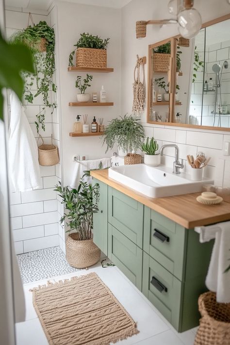 How to Use Sage Green to Create a Spa-Like Bathroom – Exclusive Inspo Boho Washroom Decor, Green Leaf Bathroom Ideas, Bathroom Boho Style, Cozy Bathroom Decor Ideas, Cozy Bathroom Ideas Small Spaces, Natural Earthy Bathroom, Sage Green And Wood Bathroom, Small Aesthetic Bathroom, Green And Terracotta Bathroom