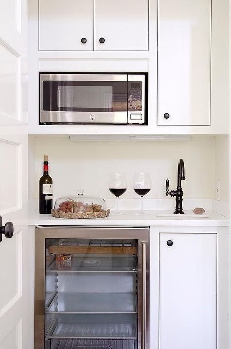 Small Butler Pantry with Microwave and Glass Front Beverage Fridge - Transitional - Kitchen Basement Kitchenette, Inset Cabinets, Butler’s Pantry, Beverage Fridge, Decor Pad, Small Pantry, Butler Pantry, Mini Kitchen, Butler's Pantry