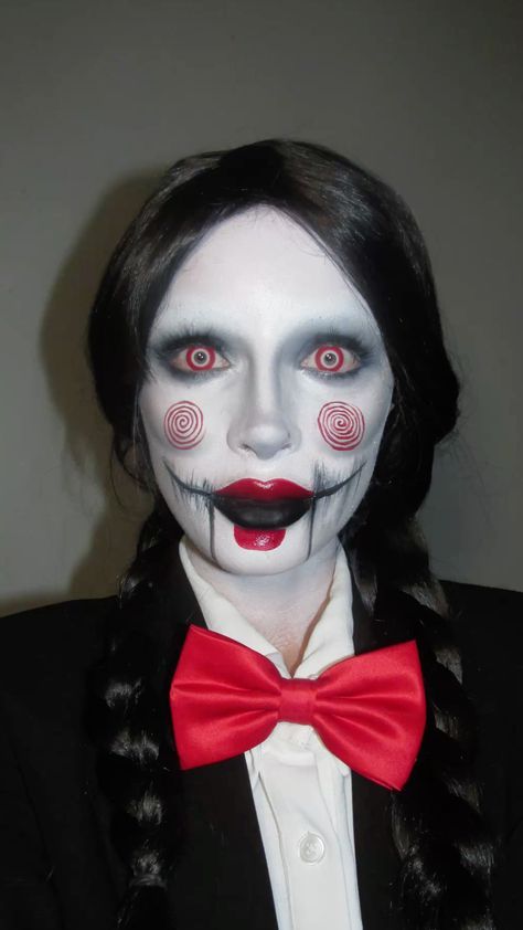 Halloween Makeup Jigsaw, Scary Movie Makeup, Jig Saw Makeup, Jigsaw Makeup Halloween, Jigsaw Halloween Makeup, Horror Costume Ideas, Scary Doll Makeup, Puppet Makeup, Saw Makeup