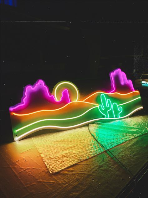 Western Desert With Cactus LED Neon Sign | Cactus Wall Decor | Nature Aesthetic | Sandy Desert Mountains | Travelers gift Arizona Aesthetic Decor, Neon Desert Aesthetic, Neon Signs Aesthetic, Camp Signage, Desert With Cactus, Disco Desert, Saloon Neon Sign, Oasis Aesthetic, Desert Neon Aesthetic