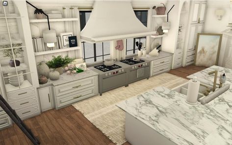 Bloxburg Open Kitchen Ideas, Modern Suburban House Interior, Suburban Kitchen Ideas, Suburban House Bloxburg Interior, Big Bloxburg Kitchen Ideas, Kitchen Interior Bloxburg, Bloxburg Suburban Interior, Kitchen Ideas Bloxburg Realistic, Fancy Bloxburg Kitchen