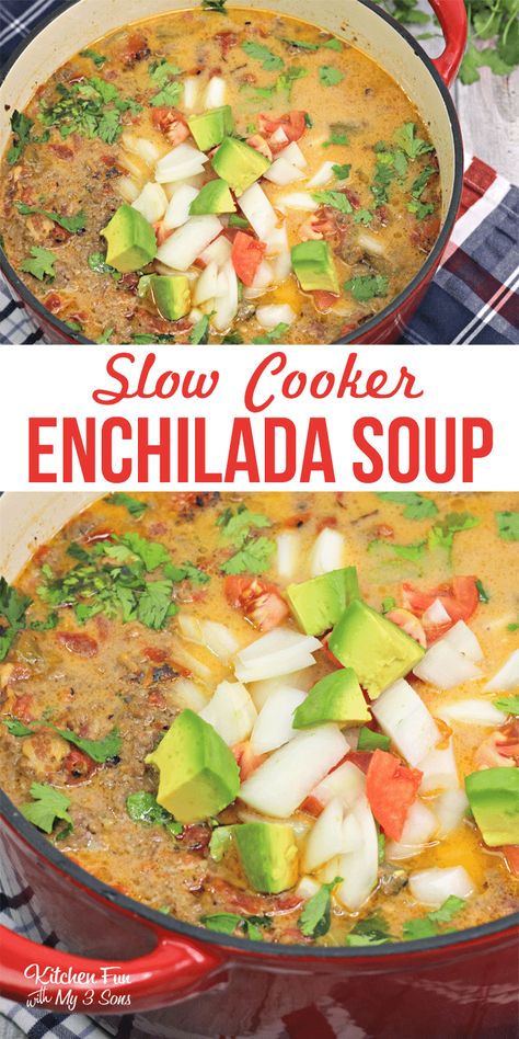 Enchilada Soup is inexpensive, easy & uses ingredients you likely already have. Get out your slow cooker and let's make a soup that's a favorite for so many families. Beef Enchilada Soup, Asian Chicken Noodle Soup, Slow Cooker Enchiladas, Beef Enchilada, Resep Salad, Enchilada Soup, Beef Enchiladas, Soup Kitchen, Fire Roasted Tomatoes