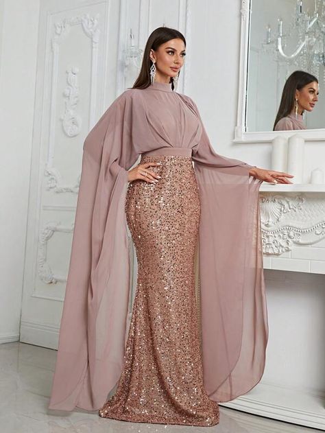 Giffniseti Contrast Sequin Mock Neck Floor Length Formal Dress | SHEIN Affordable Formal Dresses, Plus Size Formal Dresses, Fishtail Dress, Ballroom Wedding, Dresses Elegant, Turtle Neck Dress, Summer Fashion Outfits, Custom Dresses, Evening Dresses Prom