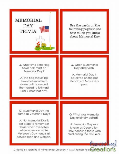 Memorial Day printables from Homeschool Creations-4 Memorial Day Decorations, Activity Director, Trivia Facts, Senior Activities, Scout Ideas, Cub Scout, Home Exercise Routines, Printables Free, Patriotic Party