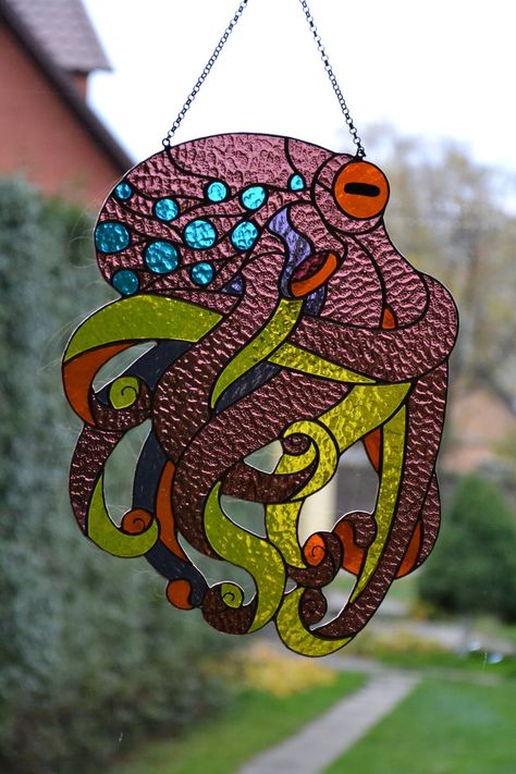 Octopus suncatcher Window hanging panel Stained glass animals | Etsy Stained Glass Animals, Glass Octopus, Modern Stained Glass, Suncatcher Window, Glass Window Art, Stained Glass Paint, Stained Glass Decor, Stained Glass Window Hanging, Stained Glass Suncatchers