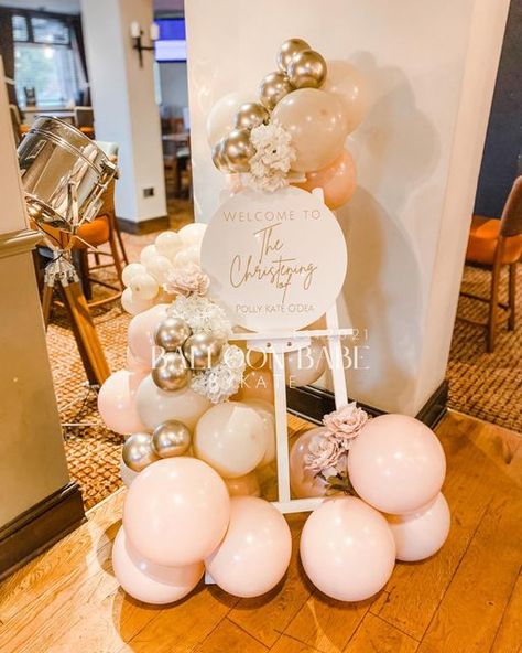 LUXURY BALLOON STYLIST 🕊 on Instagram: "Be your own success story ✨ A gorgeous christening display. Cameo & white sand 😍 Swipe left for the most gorgeous cake 😍 #balloonandeaselboard #balloonartist #balloondecor #balloongarland #christeningdecor #christeninginspo #balloonsofinstagram #bubbleballoons #balloonsinaldridge" Christening Balloon Decorations, Baptism Balloon Decorations, Baby Girl Christening Decorations, Girl Christening Decorations, Christening Table Decorations, Baptism Balloons, Christening Decor, Baptism Decorations Girl