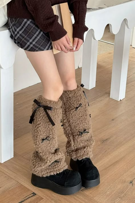 brown bows fuzzy leg warmers, plush leg warmers, preppy aesthetic accessories, boogzel clothing Ankle Warmers Outfit, Fuzzy Accessories, Brown Y2k Outfit, Fuzzy Clothes, Leg Warmers Aesthetic, Coquette Heels, Fuzzy Leg Warmers, Y2k Socks, Leg Warmer Outfit