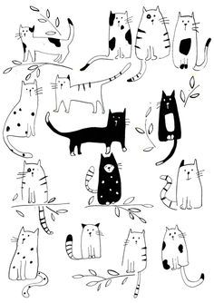 Gatos Lily Cat, Whimsical Animals, Arte Doodle, Cat Doodle, Drawing Faces, Animal Illustrations, Cartoon Wall, Pola Sulam, Cat Eyes