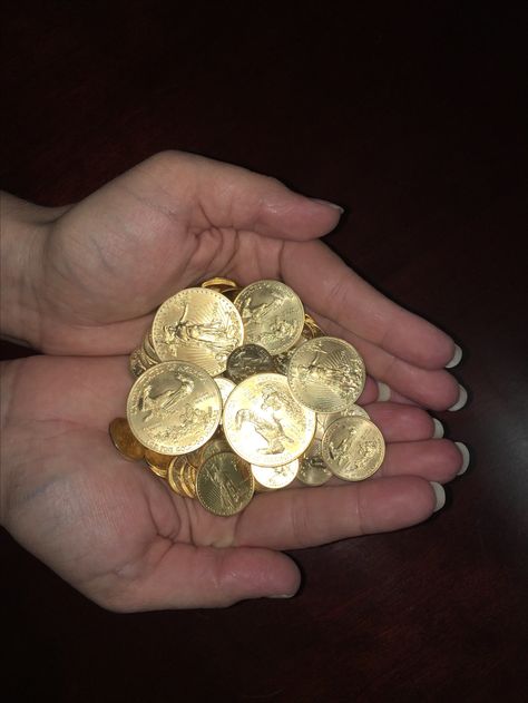 Gold is too expensive today for most people. However, they make these 1/10th coins which are reasonable. Gold Eagles are made in these denominations: 1/10 oz, 1/4 oz, 1/2 oz, and 1 oz coins Gold Coin Aesthetic, Pile Of Gold Coins, Golden Coins, Gold Eagle Coins, Gold Bullion Coins, Creating Wealth, Bullion Coins, Gold And Silver Coins, Gold Eagle