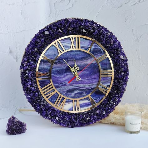 Amethyst Wall Clock Unique Wall Clock Purple Resin Clock - Etsy Canada Resin Geode Wall Clock, Geode Wall Clock, Geode Clock Resin, Unique Resin Clock Ideas, Resin Nameplate, Fairy Cave, Geode Resin Art, Resin Wall Hanging, Clock Resin