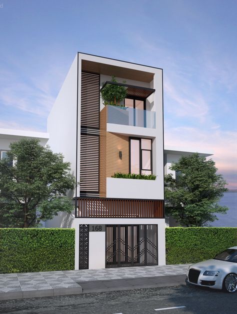 50 Narrow Lot Houses That Transform A Skinny Exterior Into Something Special Row House Design, Narrow House Designs, Home Designs Exterior, Narrow House Plans, Narrow Lot House, Small House Elevation, Small House Front Design, Small House Design Exterior, Small House Elevation Design