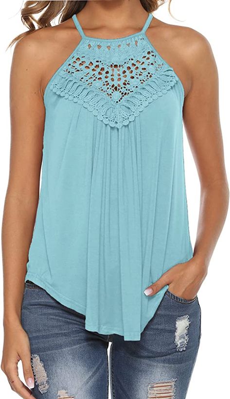 Comes in several colors! #ad #amazon #tanktop #summer #comfy #closet #lightblue #blue #cute #style #kimstoppicks Summer Tee Shirts, Tops For Women Casual, Lace Halter Top, Tank Top With Lace, Cami Shirt, Halter Tank Top, Halter Tops, Halter Neck Top, Flowy Tank Tops