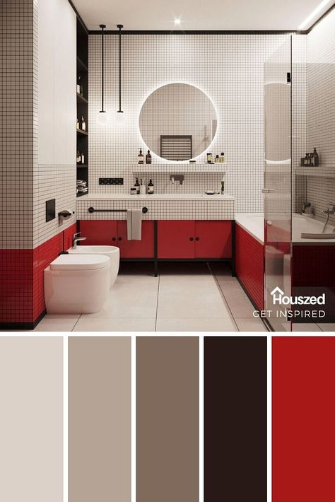 Get inspired with Houszed...This BLACK AND RED COLOR INSPIRATION image will get your creative juices flowing. Great ideas...great images with Houszed... #blackredcolorpalette #blackredcolorscheme #blackredcolorpalettecolourschemes #blackredinteriordesign #blackandredinteriordesign #blackredinteriorhomedecor Red Bathroom Accessories, Flat Bedroom, Red Bathroom Decor, Simple Bathroom Designs, Best Bathroom Designs, Bathroom Red, Red Colour Palette, Bathroom Design Inspiration, Rustic Bathrooms