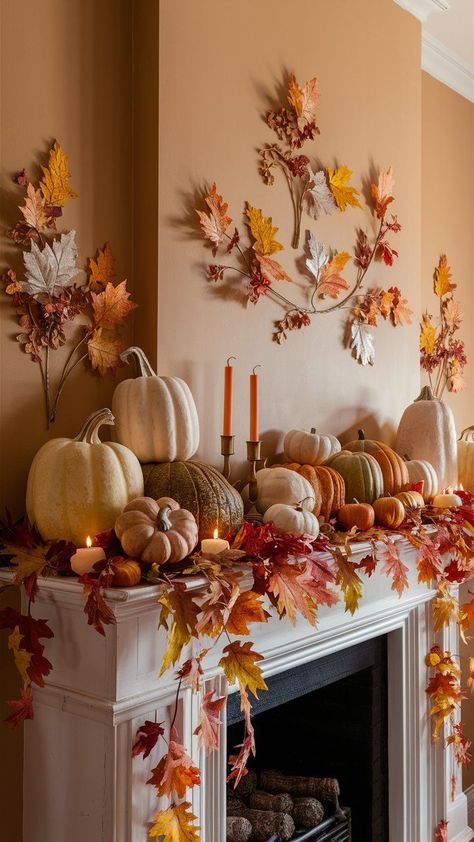 Cozy Fall Decor Ideas: Get ready to snuggle up with these 20 autumn-inspired decorating tips, from rustic porch decorations to warm centerpiece ideas. Create a welcoming atmosphere in your home this season! Check it out and start decorating! Autumn Room, Rustic Thanksgiving, Porch Decorations, Fall Mantle, Rustic Porch, Fall Kitchen Decor, Cozy Fall Decor, Fall Decor Ideas, Fall Thanksgiving Decor