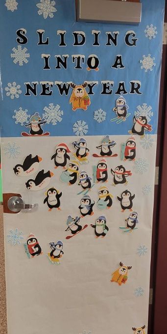 New Years Eve Classroom Door, New Year Door Ideas For Classroom, New Years Preschool Door Ideas, New Years Preschool Bulletin Board, New Year Preschool Bulletin Board Ideas, New Years Teacher Door, New Year School Door Decoration, Classroom Door Ideas New Year, Sliding Into The New Year Bulletin Board