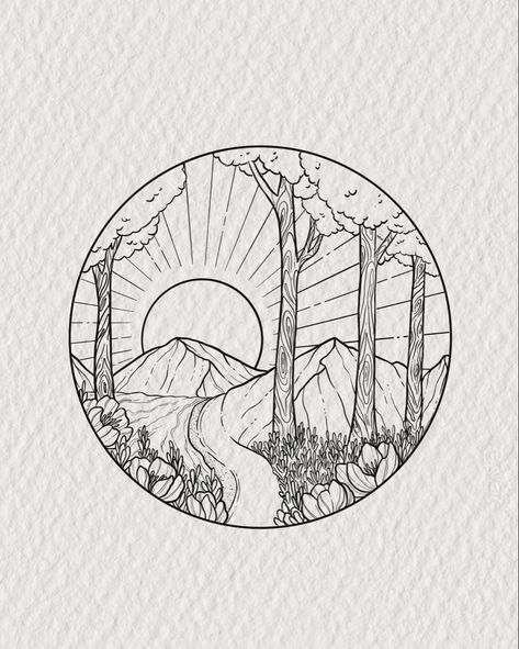 Mountains path scene with nature from the pacific north west tattoo lineart North West Tattoo, West Tattoo, Pnw Tattoo, Pnw Art, H Tattoo, Sunset Tattoos, Drawing Examples, Doodle Fonts, Journal Inspo