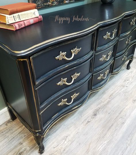 Black & Gold Dressed French Provincial | General Finishes 2018 Design Challenge Black French Provincial Furniture, French Provincial Furniture Makeover, Dresser Makeover Black, Painted French Provincial Furniture, Black French Provincial, Gold Painted Furniture, French Provincial Dresser Makeover, Salina Ks, Repainting Furniture