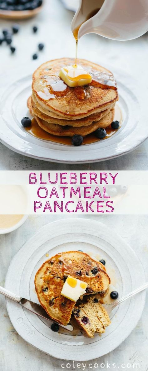 These blueberry oatmeal pancakes are light, fluffy, gluten free, dairy free optional, loaded with fresh juicy blueberries and taste absolutely delicious! #easy #glutenfree #blueberry #pancake #recipe #breakfast | ColeyCooks.com Blueberry Oatmeal Pancakes, Oat Flour Pancakes, Oatmeal Pancakes Recipe, Homemade Cashew Milk, Blueberry Oat, Blueberry Oatmeal, Oat Pancakes, Healthy Blueberry, Oatmeal Pancakes