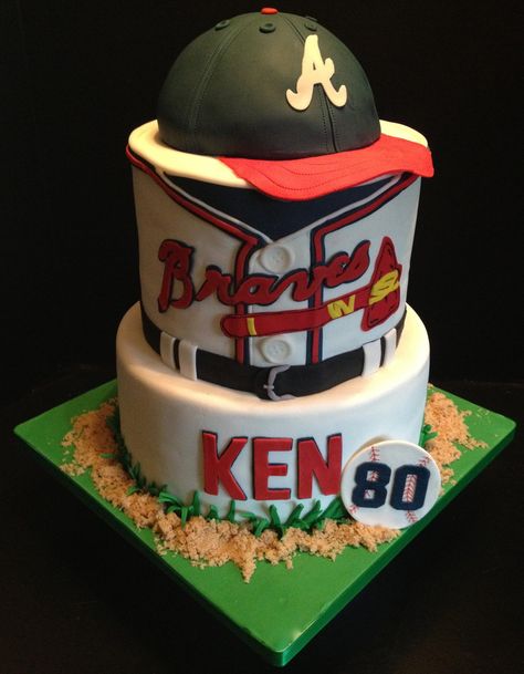 Atlanta Braves baseball birthday cake.Cap is done with the wilton... Baseball Cake Ideas, Atlanta Braves Cake, Atlanta Braves Birthday, Brave Birthday Cakes, Baseball Birthday Cake, Brave Cakes, Baseball Birthday Cakes, Sports Themed Cakes, Baseball Cake