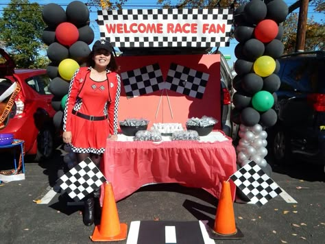 Halloween Trunk or treat 2015..Race car theme..created this for my daughter school Easy Trunk Or Treat Ideas, Easy Trunk Or Treat, Halloween Trunk Or Treat, Church Trunk, Halloween Block Party, Trunk Or Treat Ideas, Race Car Themes, Derby Ideas, Car Theme