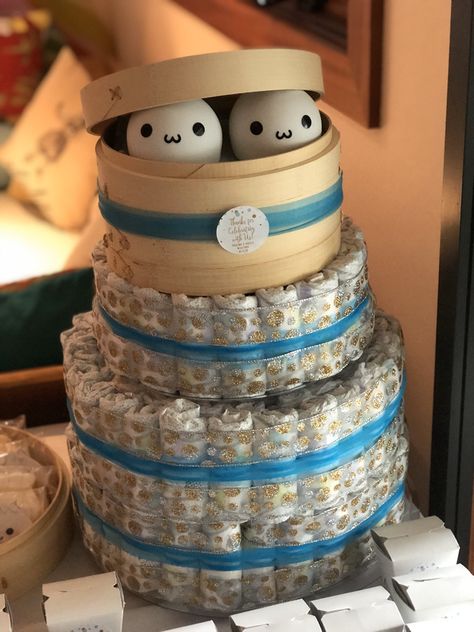 Baby Shower Ideas March, Dumpling Baby Shower Theme, Boba Baby Shower, December Baby Shower Themes, Dim Sum Party, Dumpling Party, Boba Party, Pamper Cake, Shower 2023