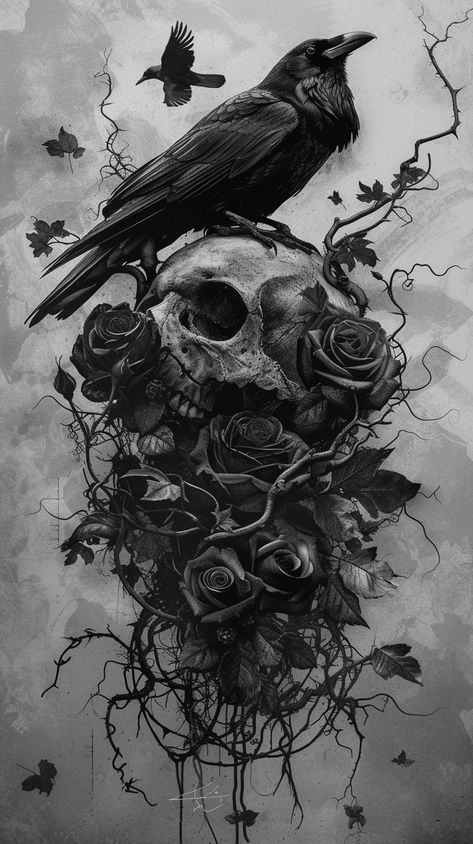 Skulls And Raven Tattoo, Raven Skull Wallpaper, Raven On A Skull Tattoo, Crow And Rose Tattoo, Raven Wallpaper Aesthetic, Two Ravens Tattoo, Wallpaper Iphone Skull, Raven And Skull Tattoo, Raven Art Dark