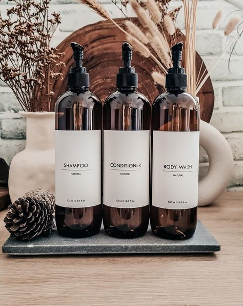 Soap Dispenser Label, Plastic Free Bathroom, Minimalist Hygiene, Bathroom Bottles, Dark Wood Bathroom, Natural Body Wash, Minimalist Kitchen Design, Household Waste, Amber Bottles