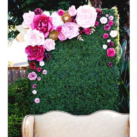 Garden Party Photo Backdrop.  Just one way to use paper flowers at your event. Boxwood Backdrop, Party Photo Backdrop, Bridal Shower Photos, Pink And Gold Wedding, Flower Wall Backdrop, Paper Flowers Wedding, Paper Flower Backdrop, Paper Flower Wall, Giant Paper Flowers