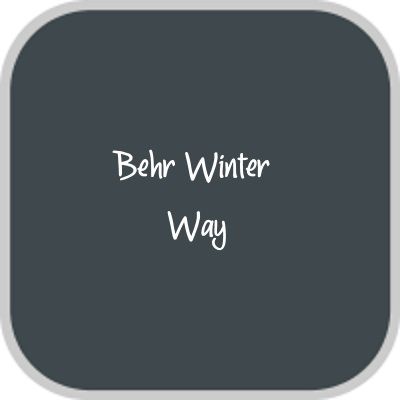 Winter Way Behr Paint, Winter Way Behr, Behr Dark Blue Paint Colors, Behr Winter Way, Dark Blue Grey Paint, Benjamin Moore China White, Blue Kitchen Interior, Dark Blue Paint Color, Van Deusen Blue